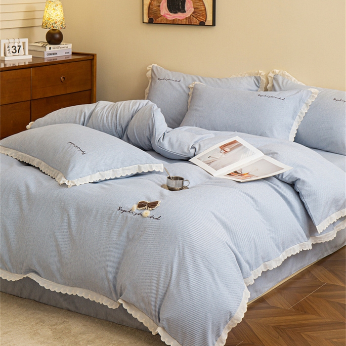 91家纺网 家纺一手货源 找家纺 庭笙 2025新款无印.色织条纹少女韩式小花边简约条纹四件套 色织条纹.蓝