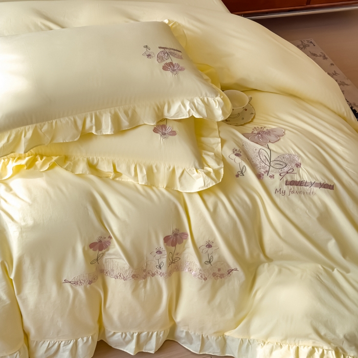 91家纺网 家纺一手货源 找家纺 U品汇 A类全棉色织水洗棉刺绣花四件套纯棉100%棉韩版公主风立体花朵 春野浪漫-柠檬黄