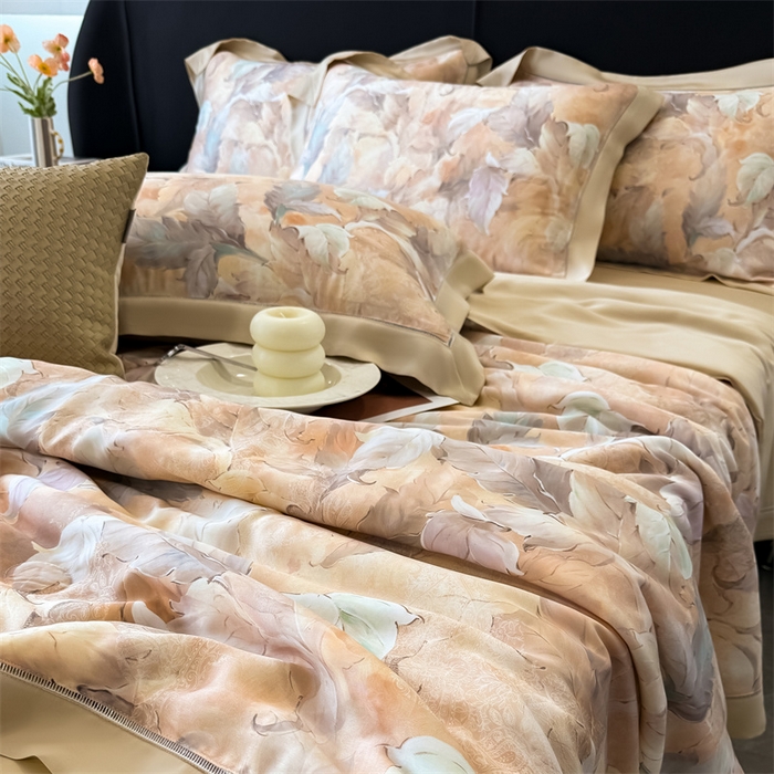 91家纺网 家纺一手货源 找家纺 朵希曼2025新款60支天丝镂空印花夏被和夏被四件套系列 微风记忆