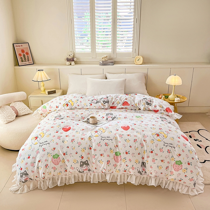 91家纺网 家纺一手货源 找家纺 眠势力 2025新款韩版花边被套双面用四季款ins公主风 喵喵宝贝