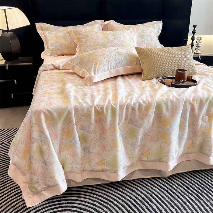 91家纺网 家纺一手货源 找家纺 朵希曼2025新款50天丝宽边夏被和夏被四件套系列 布伦达