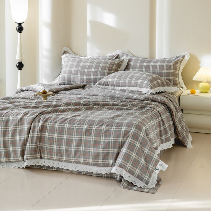 91家纺网 家纺一手货源 找家纺 绒世界 绒世界 2025新款双层纱韩版印花夏被四件套 格子-灰