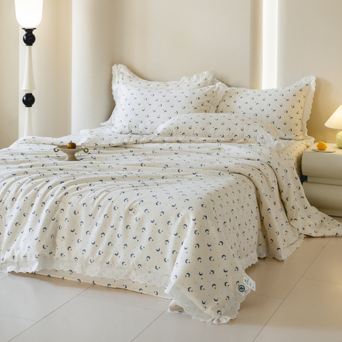 91家纺网 家纺一手货源 找家纺 绒世界 绒世界 2025新款双层纱韩版印花夏被四件套 星月