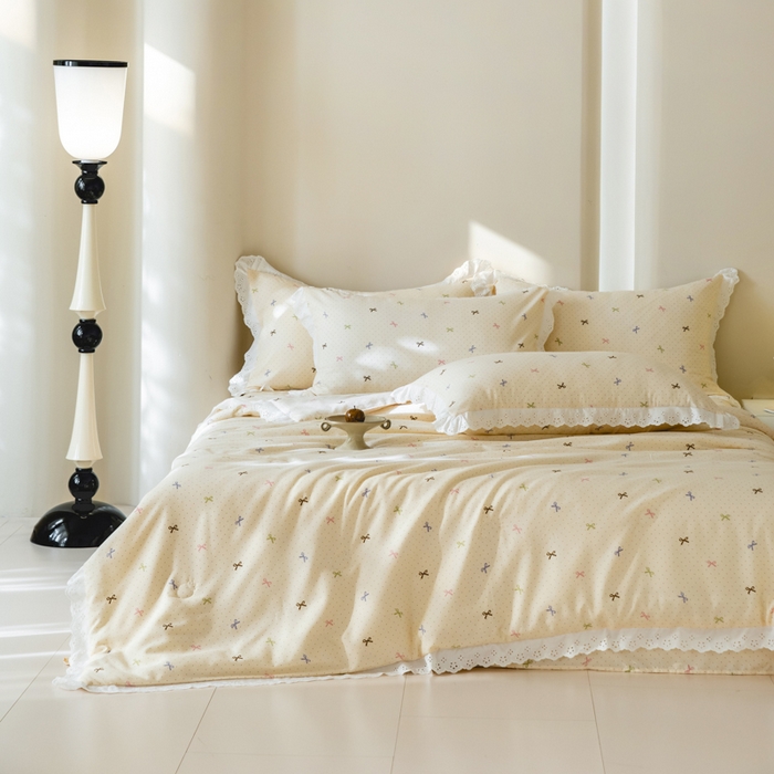 91家纺网 家纺一手货源 找家纺 绒世界 绒世界 2025新款双层纱韩版印花夏被四件套 礼物