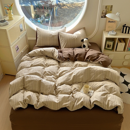 91家纺网 家纺一手货源 找家纺 田野家纺2025新款全棉水洗棉米粒系列四件套 水洗棉米拉 咖