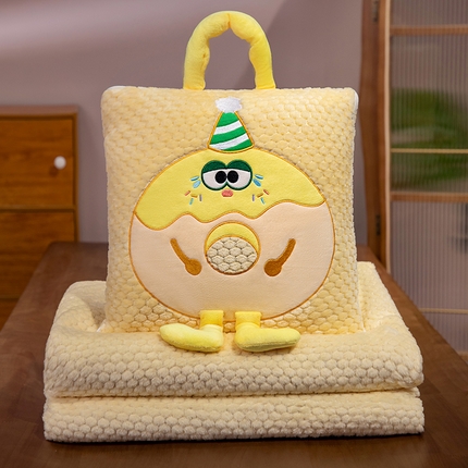 91家纺网 家纺一手货源 找家纺 中华鲟2025新款多功能豆豆绒提花网红抱枕毯卡通立体贴布刺绣抱枕被 甜甜圈毛毯-黄