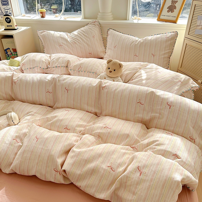 91家纺网 家纺一手货源 找家纺 田野家纺2025新款A类全棉双层纱四件套 飘带