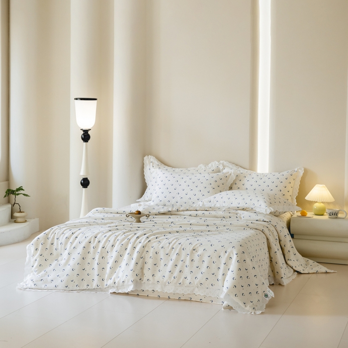 91家纺网 家纺一手货源 找家纺 绒世界 绒世界 2025新款双层纱韩版印花夏被四件套 星月