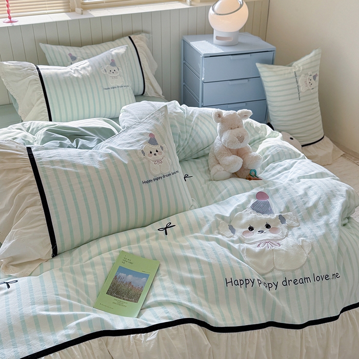 91家纺网 家纺一手货源 找家纺 优悦生活馆 2025新款全棉纯棉水洗棉印花四件套-牛奶小狗 牛奶小狗-绿