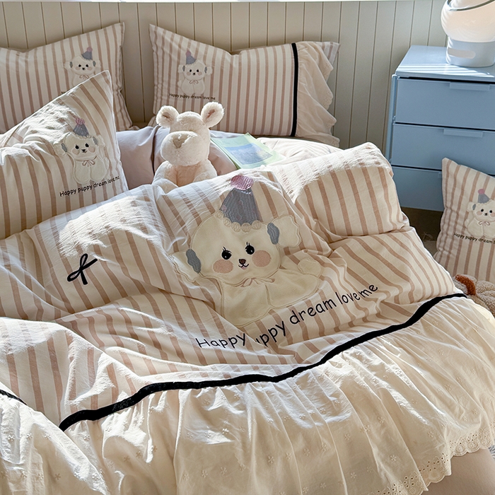 91家纺网 家纺一手货源 找家纺 优悦生活馆 2025新款全棉纯棉水洗棉印花四件套-牛奶小狗 牛奶小狗-米色