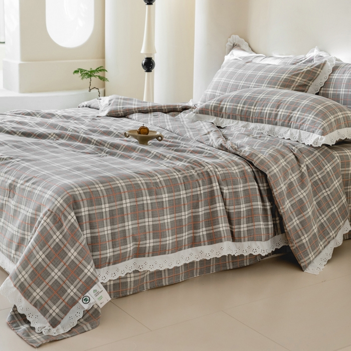 91家纺网 家纺一手货源 找家纺 绒世界 绒世界 2025新款双层纱韩版印花夏被四件套 格子-灰