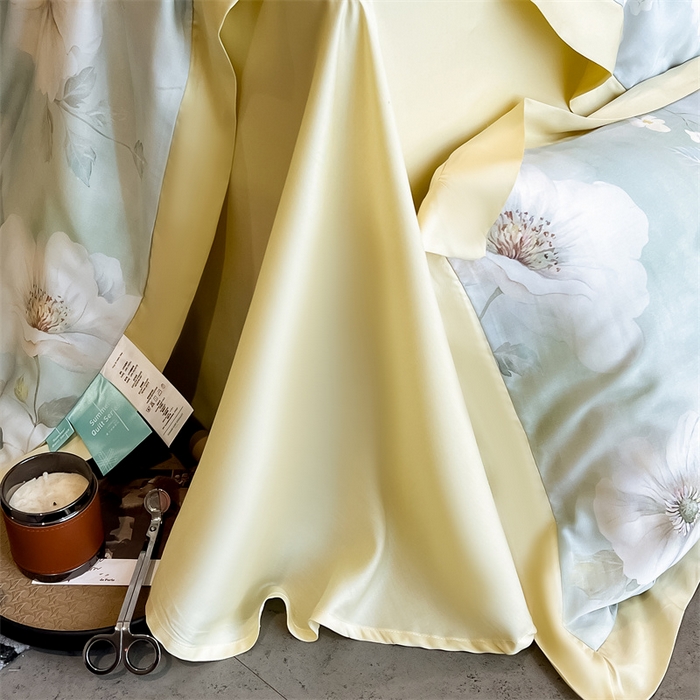 91家纺网 家纺一手货源 找家纺 朵希曼2025新款50天丝宽边夏被和夏被四件套系列 三月花香