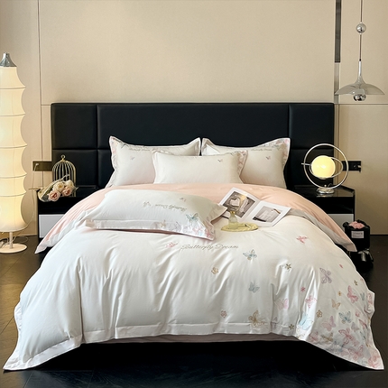 91家纺网 家纺一手货源 找家纺 理想家家纺 2025新款亲肤舒适纯棉刺绣四件套-蝶影流光 蝶影流光-白