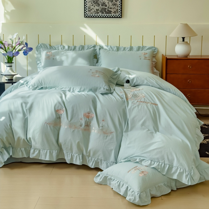 91家纺网 家纺一手货源 找家纺 U品汇 A类全棉色织水洗棉刺绣花四件套纯棉100%棉韩版公主风立体花朵 春野浪漫-青翠绿