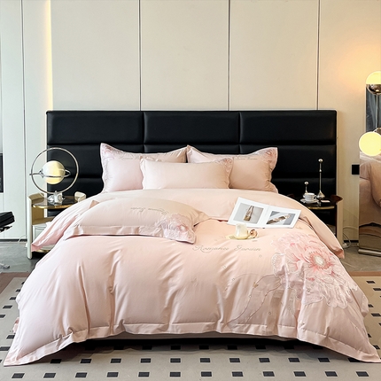 91家纺网 家纺一手货源 找家纺 理想家家纺 2025新款亲肤舒适纯棉刺绣四件套-绽放 绽放-粉