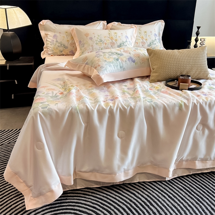 91家纺网 家纺一手货源 找家纺 朵希曼2025新款50天丝宽边夏被和夏被四件套系列 印象花艺 桔