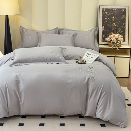 U品汇 2025新款纯棉全棉长绒棉刺绣绣花高端礼盒四件套-夏瑾系列 夏瑾-亮银灰