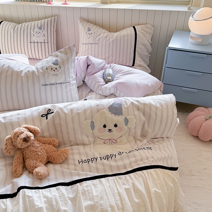 91家纺网 家纺一手货源 找家纺 优悦生活馆 2025新款全棉纯棉水洗棉印花四件套-牛奶小狗 牛奶小狗-紫