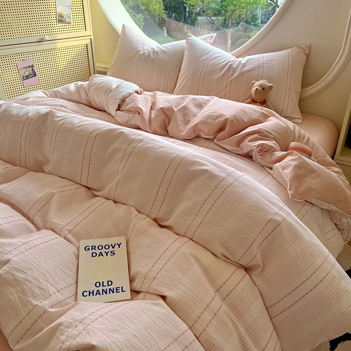 91家纺网 家纺一手货源 找家纺 田野家纺2025新款全棉水洗棉米粒系列四件套 水洗棉米拉 粉