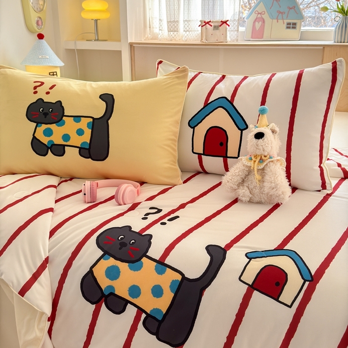 91家纺网 家纺一手货源 找家纺 星期八 2025新款针织棉夏被四件套 萌猫小屋