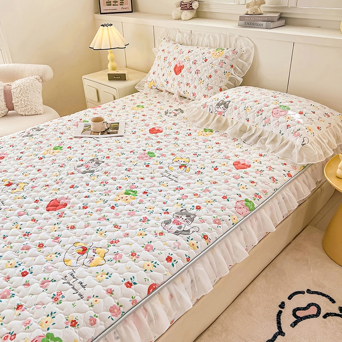 91家纺网 家纺一手货源 找家纺 眠势力 2025新款韩版花边床笠雪纺公主风ins夹棉四季款床罩保护套 喵喵宝贝