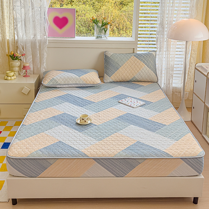 91家纺网 家纺一手货源 找家纺 小萌虎 2025新款凉感丝胶质凉席床笠款 幸运条纹