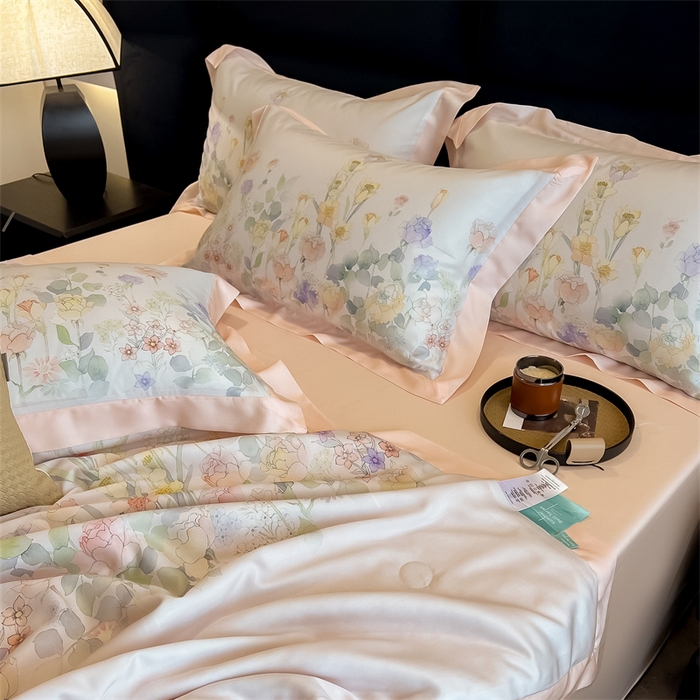 91家纺网 家纺一手货源 找家纺 朵希曼2025新款50天丝宽边夏被和夏被四件套系列 印象花艺 桔