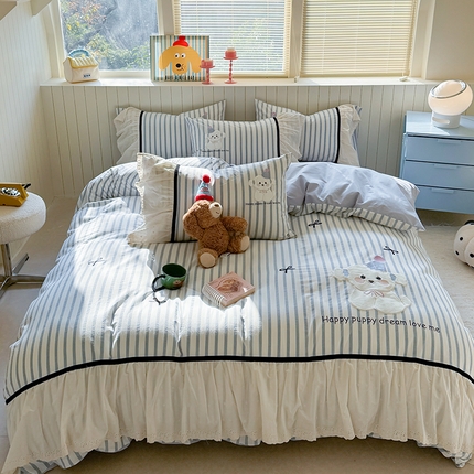 优悦生活馆 2025新款全棉纯棉水洗棉印花四件套-牛奶小狗 牛奶小狗-蓝