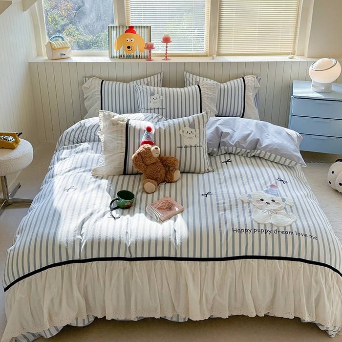 91家纺网 家纺一手货源 找家纺 优悦生活馆 2025新款全棉纯棉水洗棉印花四件套-牛奶小狗 牛奶小狗-蓝