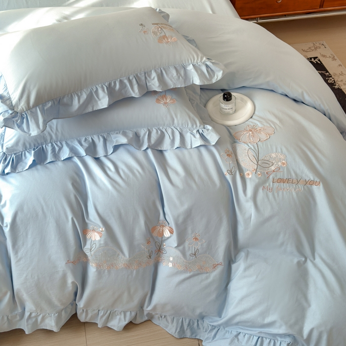 91家纺网 家纺一手货源 找家纺 U品汇 A类全棉色织水洗棉刺绣花四件套纯棉100%棉韩版公主风立体花朵 春野浪漫-星空蓝