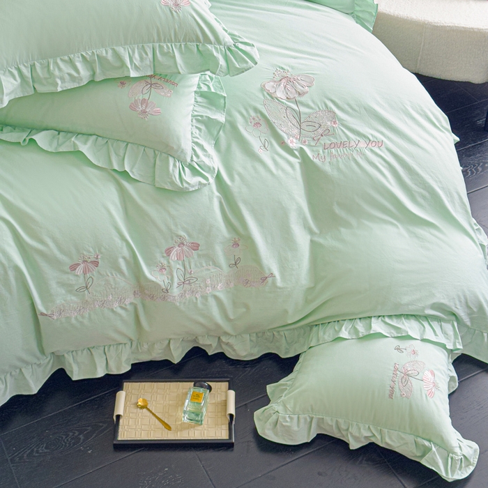 91家纺网 家纺一手货源 找家纺 U品汇 A类全棉色织水洗棉刺绣花四件套纯棉100%棉韩版公主风立体花朵 春野浪漫-清水绿