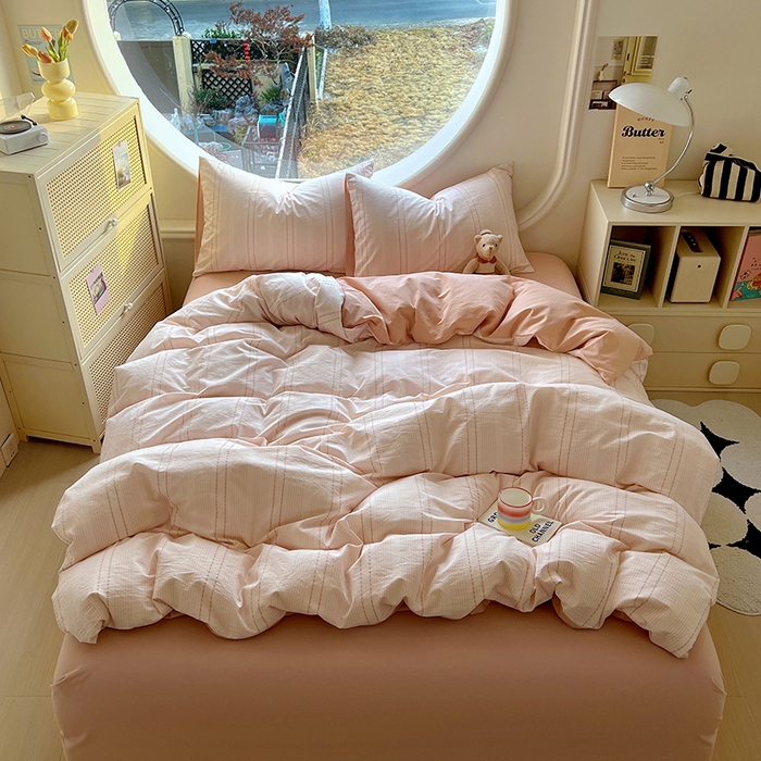 91家纺网 家纺一手货源 找家纺 田野家纺2025新款全棉水洗棉米粒系列四件套 水洗棉米拉 粉