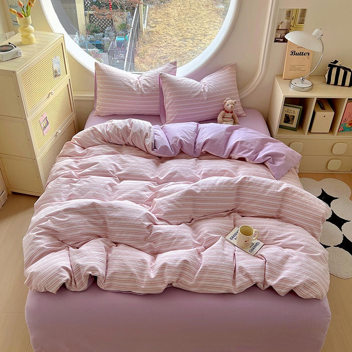 91家纺网 家纺一手货源 找家纺 田野家纺2025新款全棉水洗棉提花豆豆系列四件套 水洗棉豆豆 雾紫