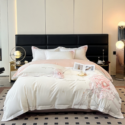 91家纺网 家纺一手货源 找家纺 理想家家纺 2025新款亲肤舒适纯棉刺绣四件套-绽放 绽放-白