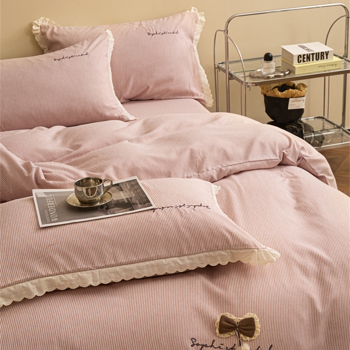 91家纺网 家纺一手货源 找家纺 （总）庭笙 2025新款无印.色织条纹少女韩式小花边简约条纹四件套