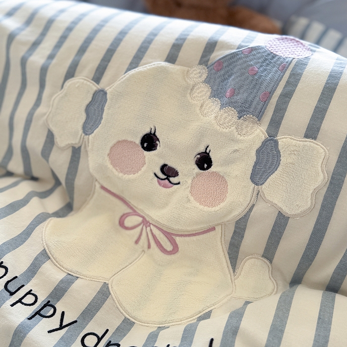 91家纺网 家纺一手货源 找家纺 优悦生活馆 2025新款全棉纯棉水洗棉印花四件套-牛奶小狗 牛奶小狗-蓝