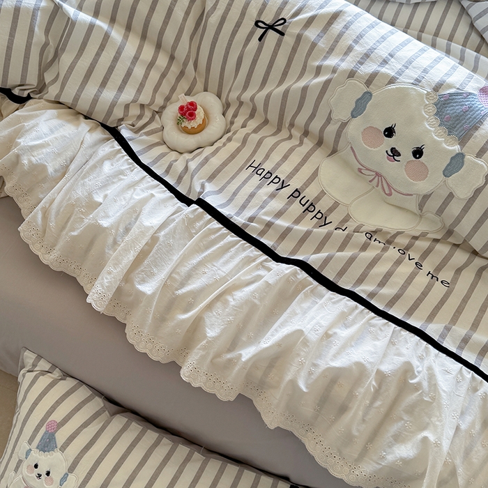 91家纺网 家纺一手货源 找家纺 优悦生活馆 2025新款全棉纯棉水洗棉印花四件套-牛奶小狗 牛奶小狗-灰