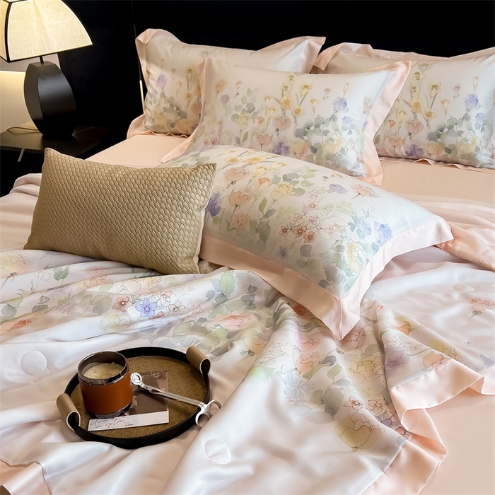 91家纺网 家纺一手货源 找家纺 朵希曼2025新款50天丝宽边夏被和夏被四件套系列 印象花艺 桔