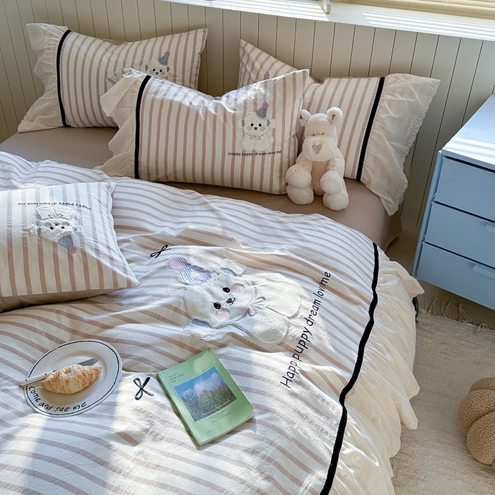 91家纺网 家纺一手货源 找家纺 优悦生活馆 2025新款全棉纯棉水洗棉印花四件套-牛奶小狗 牛奶小狗-米色