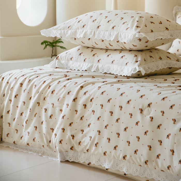 91家纺网 家纺一手货源 找家纺 绒世界 绒世界 2025新款双层纱韩版印花夏被四件套 啸天