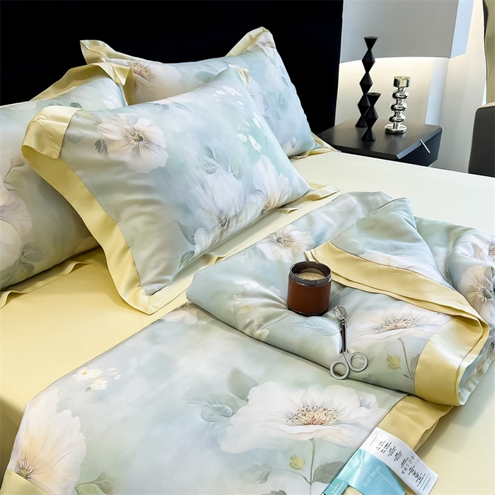 91家纺网 家纺一手货源 找家纺 朵希曼2025新款50天丝宽边夏被和夏被四件套系列 三月花香