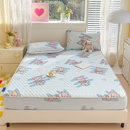 小萌虎 2025新款凉感丝胶质凉席床笠款 方格熊蓝