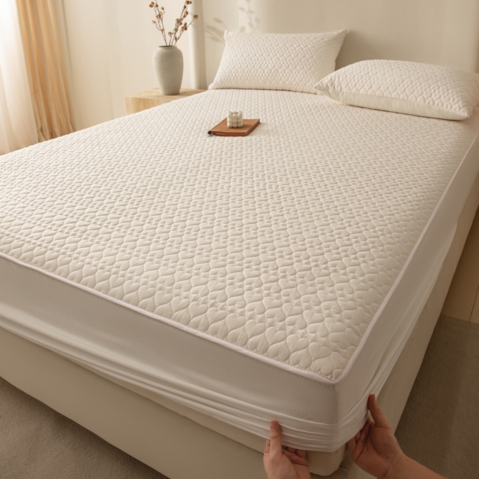 91家纺网 家纺一手货源 找家纺 优悦生活馆 2025新款亲肤水洗棉夹棉防水床笠 桃心-白