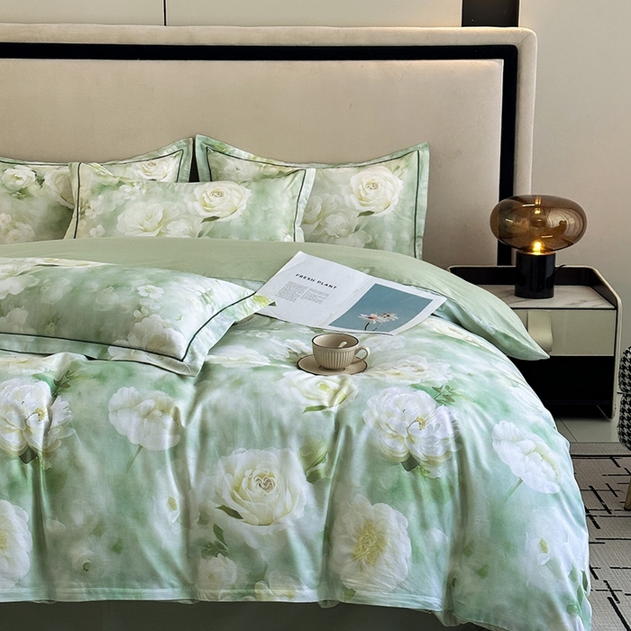 91家纺网 家纺一手货源 找家纺 眷恋家纺 2025年春夏全棉铂金棉13376数码印花四件套 墨雨云间-绿