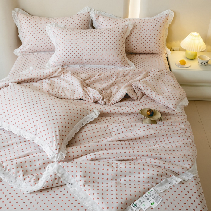 91家纺网 家纺一手货源 找家纺 绒世界 绒世界 2025新款双层纱韩版印花夏被四件套 甜心