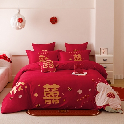 91家纺网 家纺一手货源 找家纺 （总）甜咪咪婚庆 2025新款纯棉刺绣婚庆大红四件套