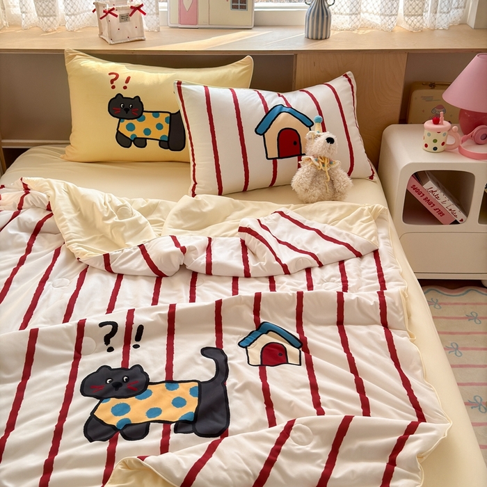 91家纺网 家纺一手货源 找家纺 星期八 2025新款针织棉夏被四件套 萌猫小屋