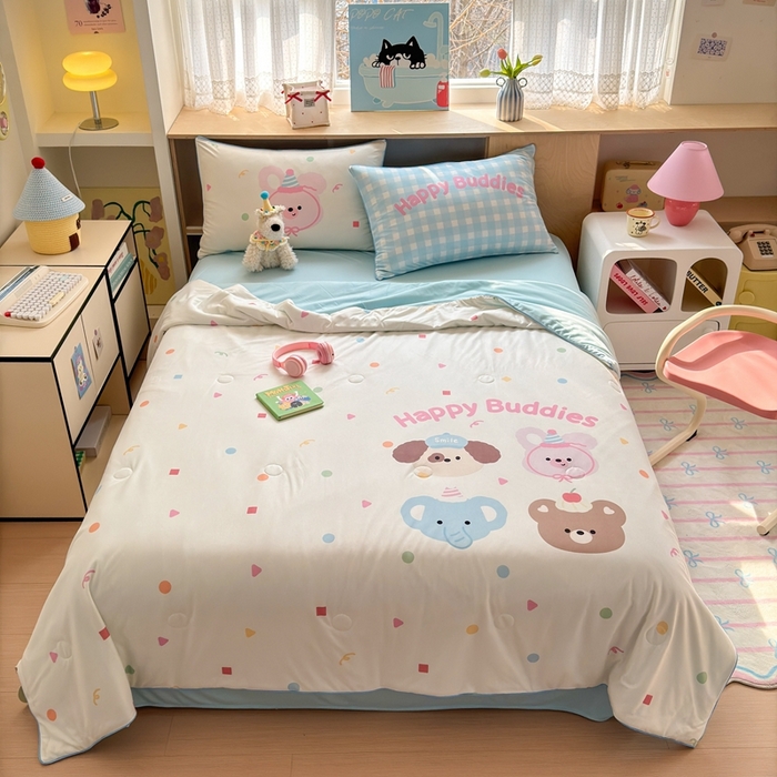 91家纺网 家纺一手货源 找家纺 星期八 2025新款针织棉夏被四件套 波点动物园