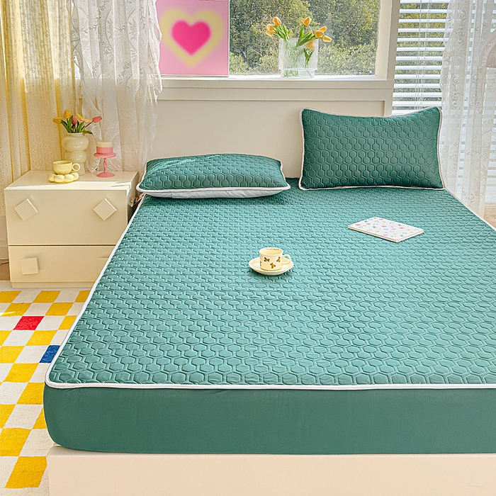 91家纺网 家纺一手货源 找家纺 小萌虎 2025新款凉感丝胶质凉席床笠款 墨绿