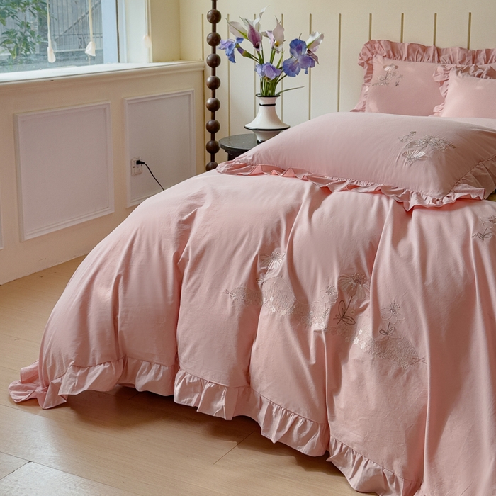 91家纺网 家纺一手货源 找家纺 （总）U品汇 A类全棉色织水洗棉刺绣花四件套纯棉100%棉韩版公主风立体花朵